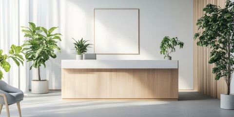 A modern reception area decorated with plants and natural light