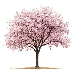 Fototapeta premium Full-height cherry blossom tree in bloom, isolated on a white background. High-resolution detail captures vibrant pink flowers and intricate branches.
