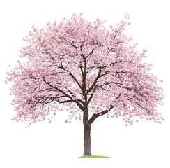 Obraz premium Full-height cherry blossom tree in bloom, isolated on a white background. High-resolution detail captures vibrant pink flowers and intricate branches.