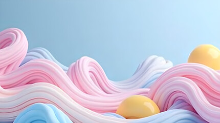 Dreamy Pastel Cotton Candy 3D Abstract Waves - Soft Pink Blue White Texture with Yellow Spheres