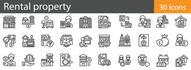 Rental Property Line Icons Set. Collection of 30 outline icons representing real estate, housing, leasing, and property management. Editable stroke vector illustration.