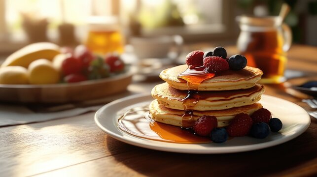 Delicious breakfast with pancakes and fruit