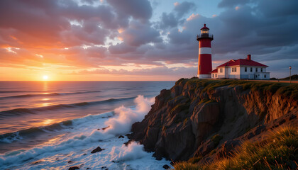 Dramatic Lighthouse Sunset Coastal Scene Ocean Waves