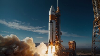 Fototapeta premium The rocket’s incredible rise heads into space with engines blazing