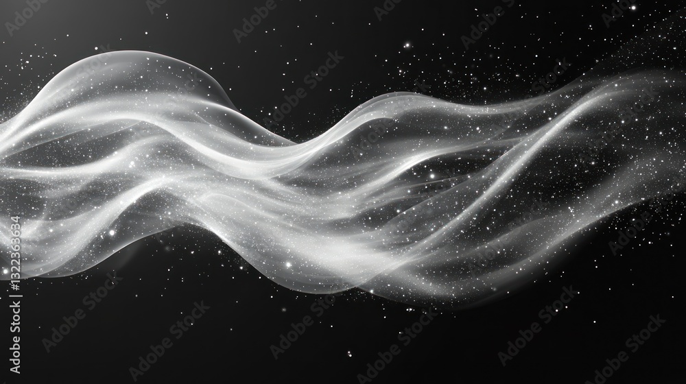 Poster abstract flowing wave with glowing particles on dark background.