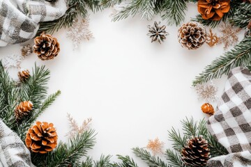 Fototapeta premium Beautiful Christmas Decorated Frame on White Background with Clean Lines and Ornaments