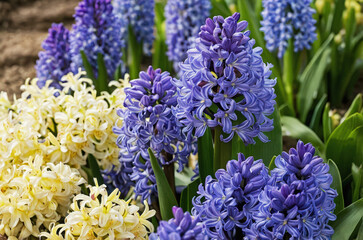 Colorful hyacinths bloom in a spring garden showcasing vibrant purple and white flowers