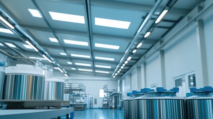 Modern Industrial Facility with Stainless Steel Tanks and Bright Lighting