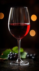 Naklejka premium Red wine in glass, grape leaves and grapes on dark surface, soft bokeh lights