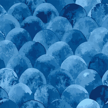 Blue scallops watercolor painted background, seamless vector pattern