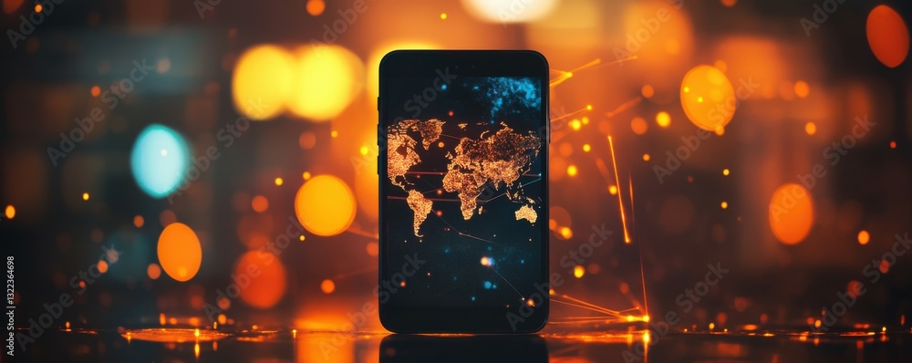 Poster a black smart phone with a glowing world map on its screen. there are lines of light coming from the