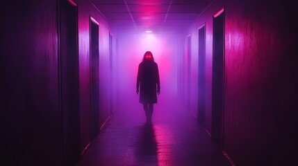 Mysterious Figure in Hallway with Glowing Red Eyes