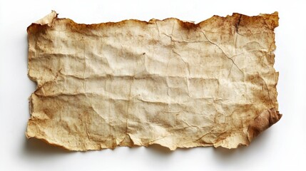 Fototapeta premium A faded sheet of aged paper, its edges softened by time embrace, rests gracefully against a stark white background, inviting the viewer gaze and offering a glimpse into the texture and warmth of the
