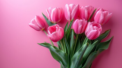 Fototapeta premium Beautiful Composition of Spring Flowers with Bouquet of Pink Tulips on Pastel Pink Background for Valentines Day and Easter