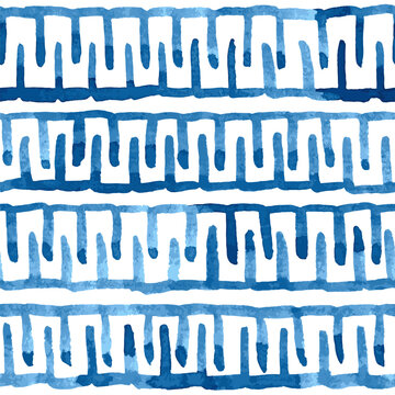 Ancient Greek and Roman ornament, blue ink seamless vector pattern