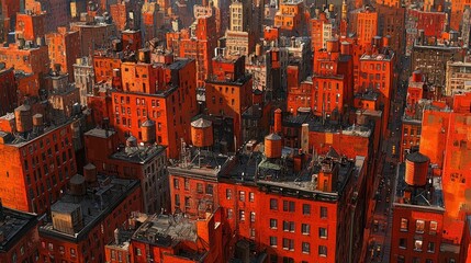 Red rooftops in dense urban landscape. Water towers dot the cityscape