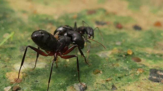 Close-up of black ants working together. Teamwork, pest control, and ecosystem concepts. High-quality macro
