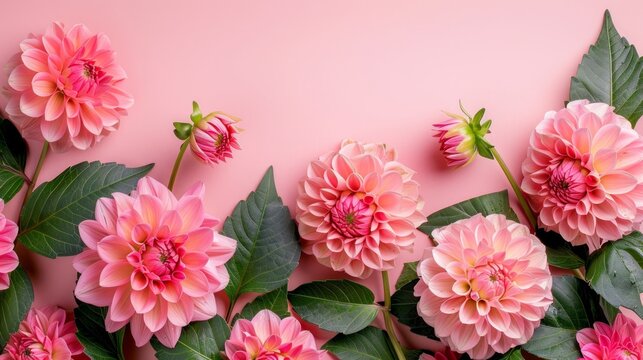 Beautiful dahlias on pastel table, top view, flat lay, copy space for greeting card, birthday decoration