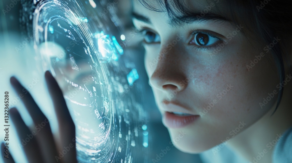 Aufkleber young businesswoman interacting with a futuristic holographic interface, exploring complex data visu