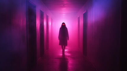 Mysterious Figure in Hallway with Glowing Red Eyes
