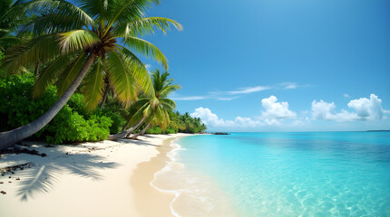 Idyllic Tropical Beach White Sand Turquoise Ocean Palm Trees Blue Sky Island