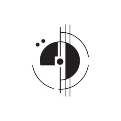 Obraz premium A sleek and abstract black-and-white logo featuring geometric shapes, lines, and dots, creating a futuristic and modern aesthetic. The balanced composition evokes themes of technology, precision