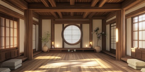 Beautiful Japanese style room features natural wood and light