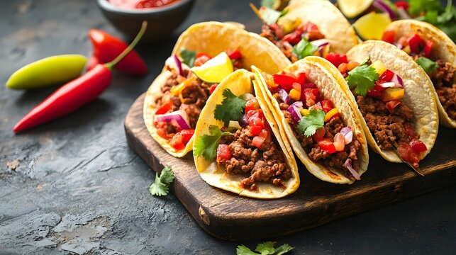 Plate of tacos with a side of peppers and onions. The tacos are piled high on a wooden board