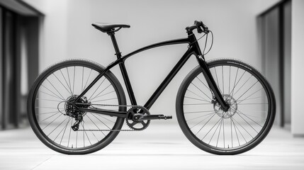 Fototapeta premium A sleek black bicycle, its frame gleaming under the spotlight, stands majestically on a pristine white backdrop, its presence a symbol of freedom and tranquility.