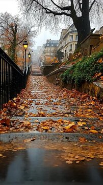 Serene autumn pathway lined with fallen leaves and glowing street lamps