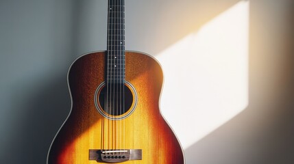 Naklejka premium A solitary acoustic guitar, its rich, woody tones resonating through the pristine white backdrop, stands as a testament to its timeless charm and the beauty of simplicity.
