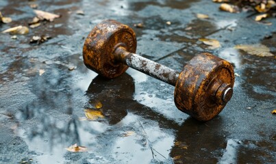 A Single Rusty Dumbbell on Wet Pavement
