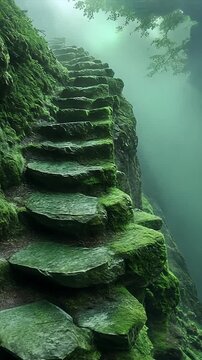 Serene moss-covered stone steps leading up a misty forest path