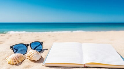 Relaxing beach scene with sunglasses and an open notebook on sandy shore, ocean waves in background