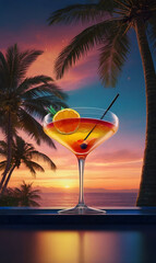 A tropical landscape at dawn, scorching palm trees and a colorful cocktail.