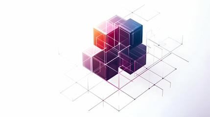 3D Render Of Multicolored Interconnected Cubes With Geometric Lines On A White Background With Soft Lighting