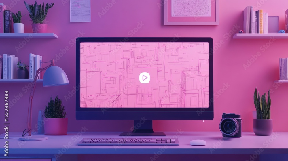 Poster pink aesthetic workspace with computer displaying video player.