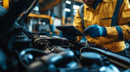 Mechanic inspects engine using digital tablet in busy auto repair shop