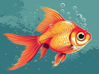 Beautiful Golden Color Bubble Eye Goldfish Swimming Isolated on Clean Lines Background
