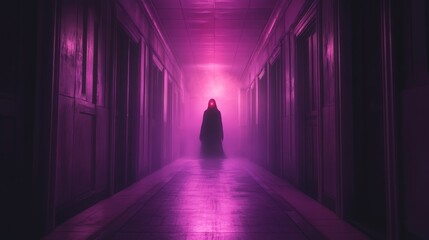 Mysterious Figure in Hallway with Glowing Red Eyes