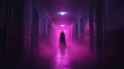 Mysterious Figure in Hallway with Glowing Red Eyes