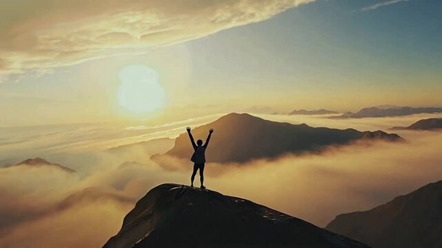 Mensch hebt Arme in den Himmel auf Bergspitze