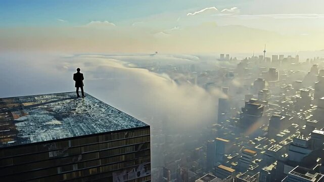 Person steht auf Dach mit Blick auf Stadt