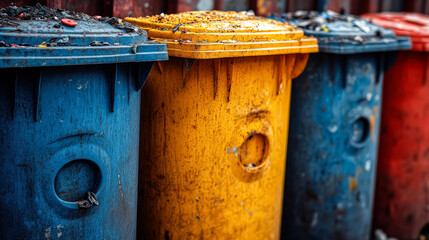 Three trash cans, one blue, one yellow, and one red, are piled up next to each other