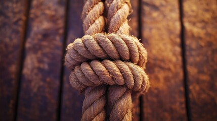Rope knot, sturdy texture against wood. Warm light, nautical, rustic feel