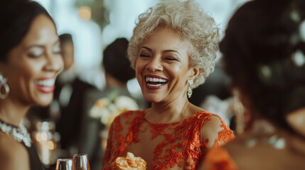Elegantly dressed women enjoying a joyful moment at a formal event in an upscale venue during an evening celebration