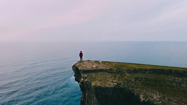 Mensch steht auf einsamer Felsklippe vor Meer