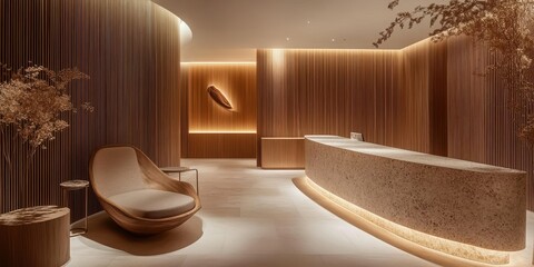 Fototapeta premium A modern minimalist reception area with wooden interior designs