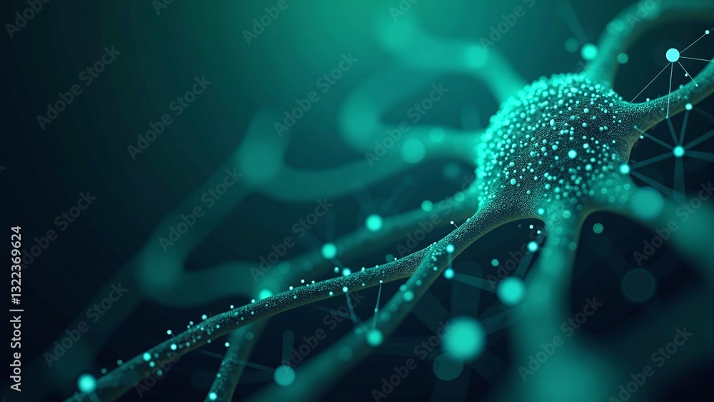 Poster detailed close-up of neuron with glowing connections and particles