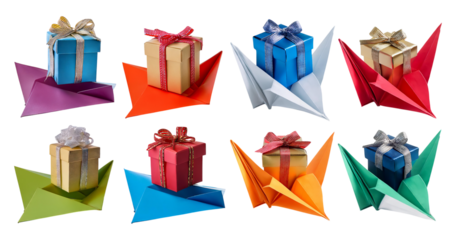 Colorful Gift Boxes on Paper Boats for Festive Celebrations, isolated on transparent background